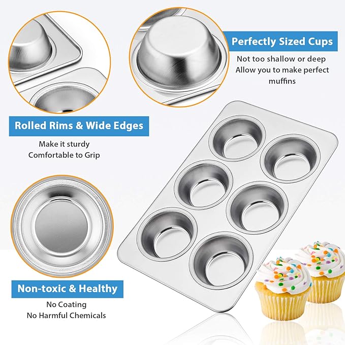 E-far Stainless Steel Muffin Pan Set of 2, 6-Cup Cupcake Tin for Baking | Metal Muffin Tray, Non-toxic & Healthy, Oven & Dishwasher Safe, Regular Size - 11.44 x 7.12 x 1.25 Inch