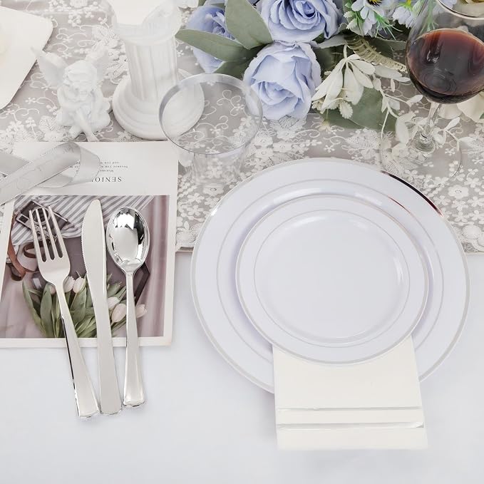 GATHER 700PCS Silver Plastic Plates 100 Guest for Wedding and Party | White and Silver Disposable Dinnerware Sets include 200 Plates, 300 Silverware, 100 Napkins, 100 Cups for Anniversary