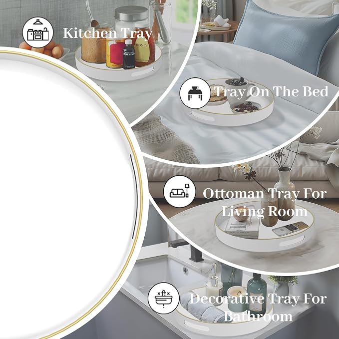 13" White Decorative Tray, Plastic Round Serving Tray with Handles | Decorative Tray for Coffee Table, Modern Ottoman Tray, Circle Tea Tray, Round Melamine Tray for Living Room, Bathroom
