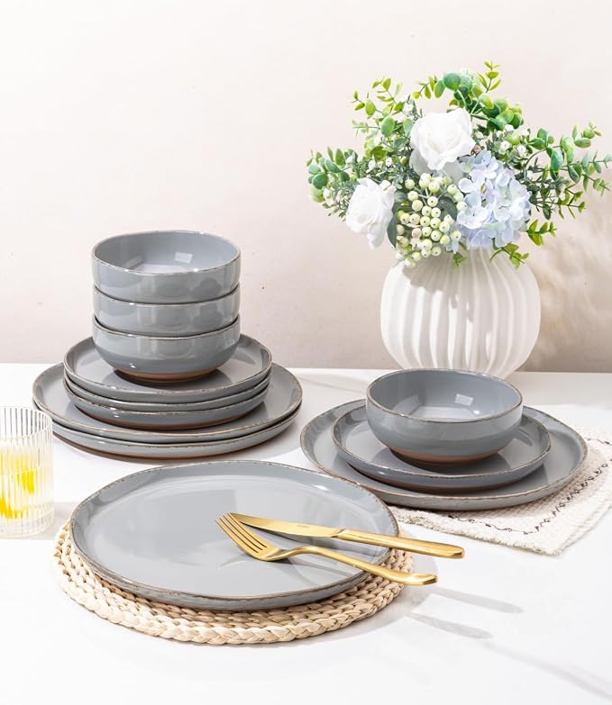 AmorArc Dinnerware Sets for 4, 12 Pieces Ceramic Plates and Bowls Set | Scratch Resistant Stoneware Dishes Set, Dishwasher & Microwave Safe,Gray