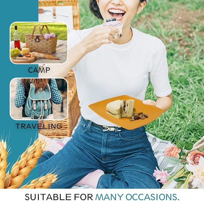 Teivio 32-piece Plastic Wheat Straw Square Dinnerware Set for 8, Unbreakable Dinner Plates, Salad Plates, Snack Bowls, Tumblers 13.5 oz, Dishwasher Safe, Kitchen Camping RV Dish, Autumn Multicolor