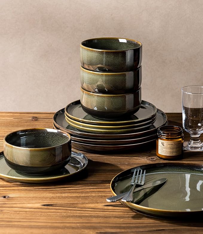 Ceramic Dinnerware Set for 8, 24-Piece Plates and Bowls Set | Handmade Reactive Glaze Dish Set, Scratch Resistant, Oven & Microwave & Dishwasher Safe, Olive Green