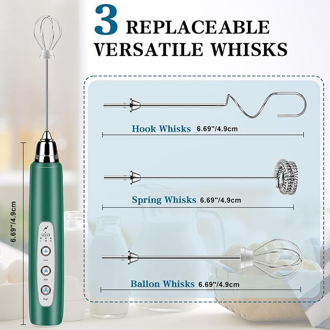Milk Frother Wand Rechargeable Handheld Whisk Coffee 3 Speed Adjustable | Electric Whisk Drink Mixer with Stainless 3 Whisks Hand Frother , Foam Maker for Latte Cappuccino Matcha Egg Silver