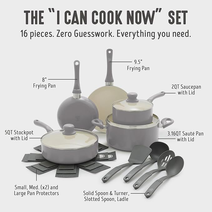 GreenLife 16pc Ceramic Nonstick Pots & Pans Cookware Set, Light Gray | PFAS-Free Nonstick Coating, Stockpot, Frying Pans, Saucepan, Sauté, Induction Ready, All Stovetop Compatible, Dishwasher Safe