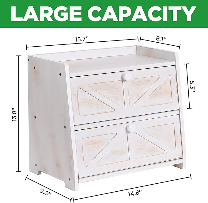 Bamboo Corner Bread Box for Kitchen Countertop 2-Tier White | Farmhouse Bread Storage Container, Large Pantry Organizers for Homemade Snacks, Loaves, Breathable Keeps Bread Fresh