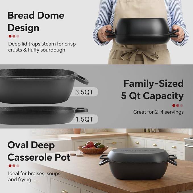 Northriver Casting 12"x8" Oval Cast Iron Dutch Oven for Bread Baking，Pre-Seasoned Combo Cooker with Lid, Perfect for Sourdough, Artisan Loaves & Family Meals,5 Qt