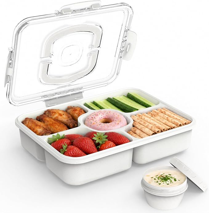 Large Snackle Box Container with Dip Container, 5 Compartments Snack Container with Lid and Handle, Veggie Fruit Divided Serving Tray for Party, Picnic, Dishwasher Safe, BPA-Free