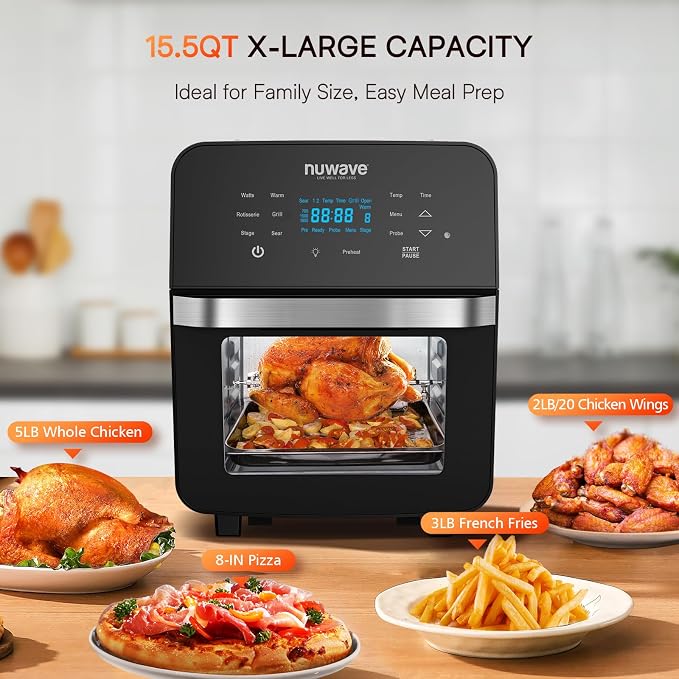 Nuwave Brio 15.5Qt Air Fryer Oven with Plug-In Grill, XL Family Size | Air Fry/Grill/Rotisserie; Even & Crisp Cooking; 100 One-Touch Presets/50 Memory; 50°F-425°F in 5°F Steps; 1800W