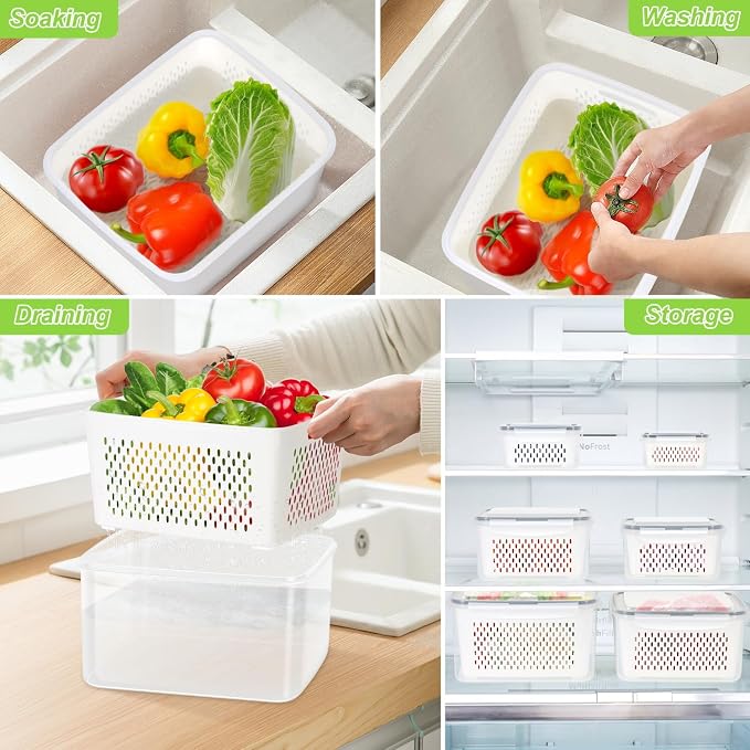 12 Pieces Fruit Storage Containers For Fridge with Removable Colanders | 6 Pack BPA-Free Fresh Food Containers with Airtight Lids Fresh for Fruit Berry Produce Vegetable, Dishwasher & Microwave Safe