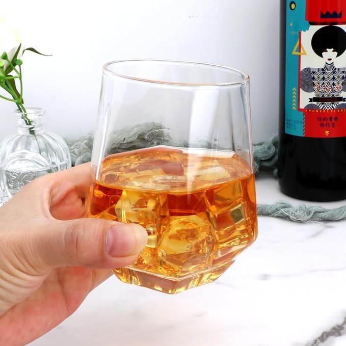 Wine Glasses Set of 4, Clear Stemless Red Wine Glasses 10oz | Geometric Diamond Shaped Glass Cups, Beautiful Wine Glasses Stemless, Whiskey, Cocktail, Bourbon, Juice, Water