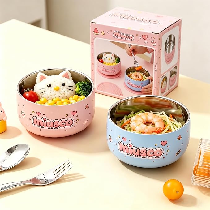 316 Stainless Steel Bowls for Kids 5 Inch - 33oz Toddler Bowls 2-Pack with Cute Animal Print, Non Toxic Dishwasher Safe Baby Bowls for Soup Dessert, BPA Free Unbreakable, Birthday Gift - Pink & Blue