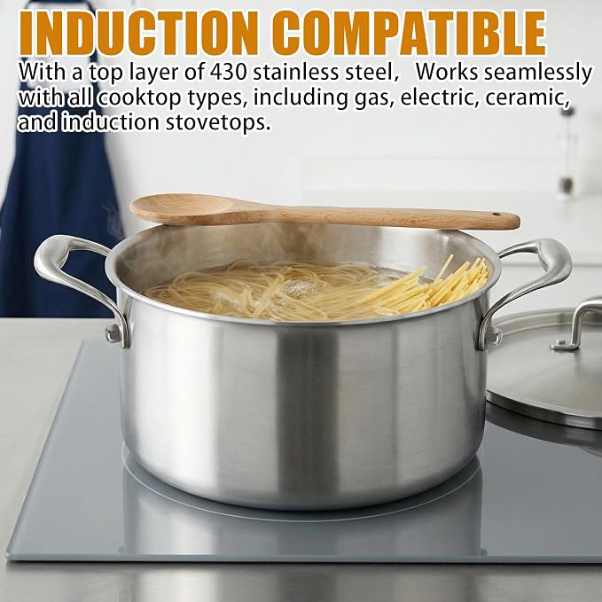 6 Quart 5-Ply Clad Stainless Steel Stock Pot With Lid Fast Heat Conduction | 5ply Stainless Steel Pot Fully Clad Compatible with All Cooktops for Family Meals & Batch Cooking