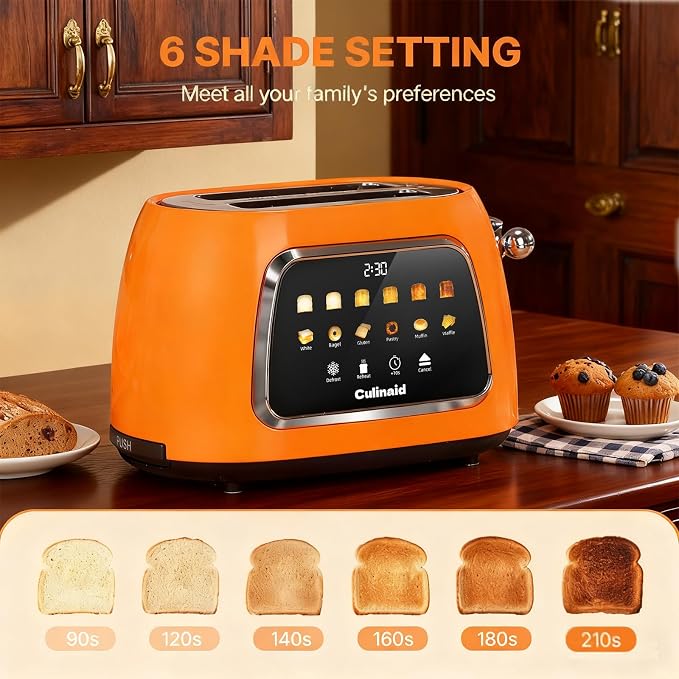 Toaster 2 Slice Smart Touch Screen, Retro 1.5'' Extra Wide Slot Stainless Steel Digital Bread Toaster with Memory Function, Bagel, Defrost, 6 Browning Level and Removable Crumb Tray, Orange