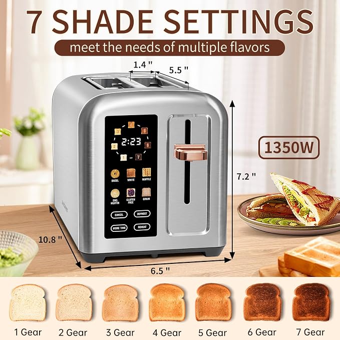 SEEDEEM Touchscreen Toaster 2 Slice, 7 Shade, Stainless, 1350W Silver Metallic