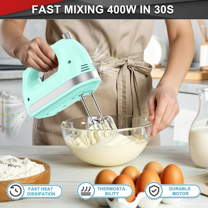 Lord Eagle Hand Mixer Electric Handheld 400W,5-Speed Lightweight, Green | Kitchen Mixer with Storage Case, 5 Stainless Steel Attachments for Baking Cake Egg Cream Food Beater, Turbo+Eject Button