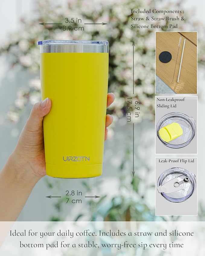 20oz Travel Coffee Tumbler with 2 Lids and Straw, Stainless Steel | Double Wall Vacuum Insulated Tumbler, Coffee Mug for Hot & Cold Drinks, Fits Most Car Cup Holders, Yellow