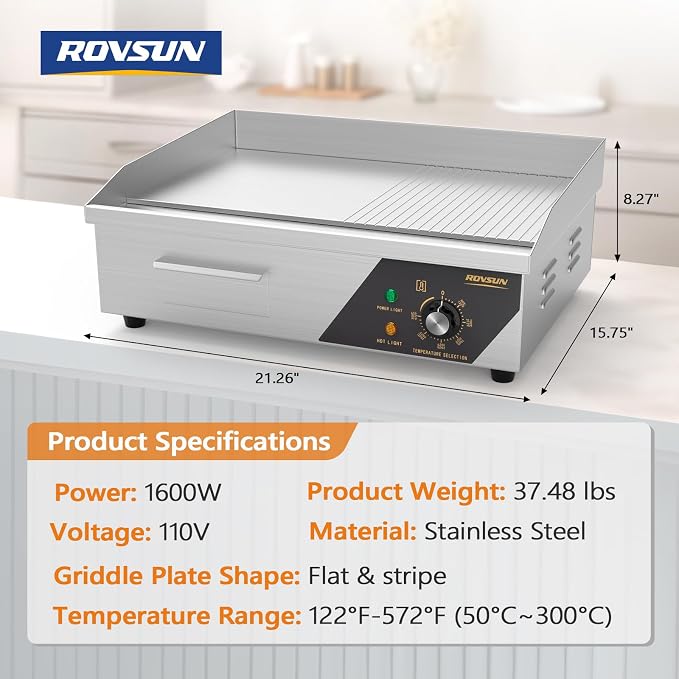 ROVSUN 22" Electric Griddle, Electric Countertop Half Flat Top Griddle, 1600W Grill Stainless Steel with Adjustable Temperature Control 122°F-572°F for Commercial Home Restaurant, Plug