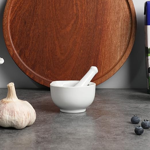 Mortar and Pestle Set (3.2 Inch) | Ceramic stoneware, sturdy, multi-purpose, spice/herb/pill, easy-clean, non-slip, comfy, dishwasher-safe, compact, elegant
