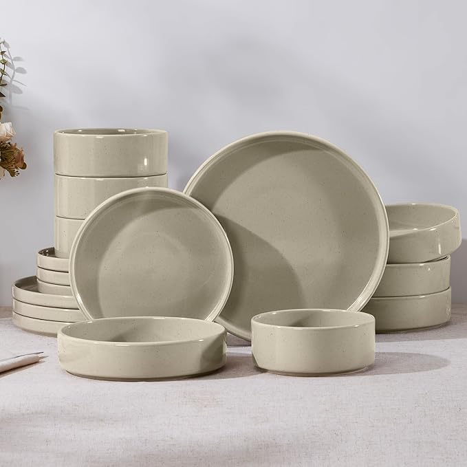 E-far 16-Piece Stoneware Dinnerware Sets with Pasta Bowls, Speckled Khaki | Plates and Bowls Sets for 4, Chip and Scratch Resistant, Microwave & Dishwasher Safe Kitchen Modern Dish Set