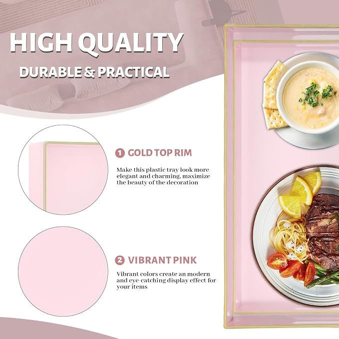 Pink Serving Tray with Handles, Plastic Decorative Tray Set of 2 | Pink Decorative Tray for Coffee Table, Modern Ottoman Tray, Rectangle Melamine Tray for Living Room, 15.8"L x 10.2"W x 1.4"H
