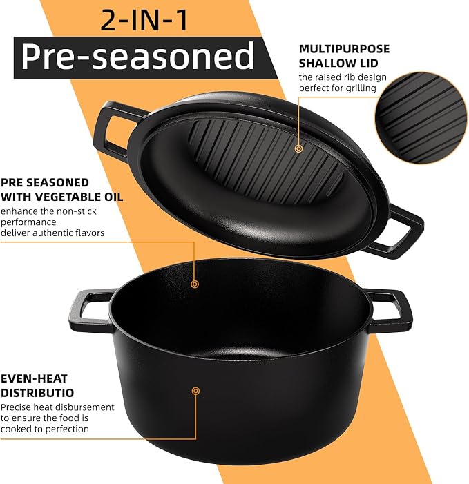 Cast Iron Dutch Oven Pot with Skillet Lid – Pre-Seasoned – Skillet Lid Cooking Pan– PFAS-Free –Umite Chef Cast Iron Skillet Cookware for Bread, Frying, Baking – Dual Handles – Oven, Grill, Campfire & Stovetop Safe – Durable & Non-Toxic, 5QT