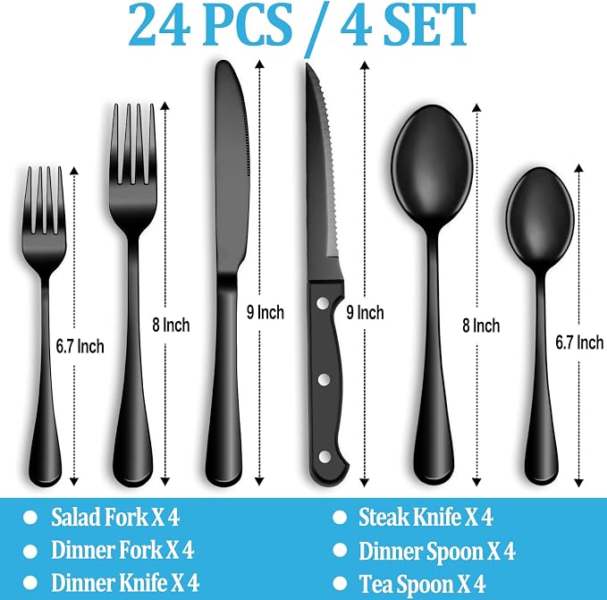 24 Pcs Black Silverware Set with Steak Knives, Stainless Steel Flatware Cutlery Set for 4, Kitchen Tableware Sets, Utensil Sets for Home and Restaurant, Dishwasher Safe