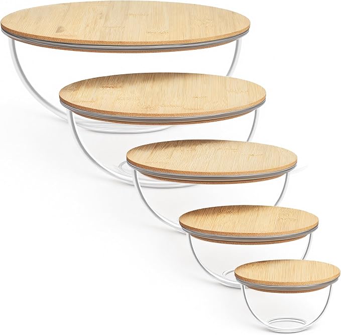 Vtopmart 5 Pack Glass Mixing Bowls with Bamboo Lids, Nesting Set | Kitchen Bowls for Mixing, Meal Prep, Serving & Baking, Space-Saving Nesting Design with Microwave and Dishwasher Safe Glass