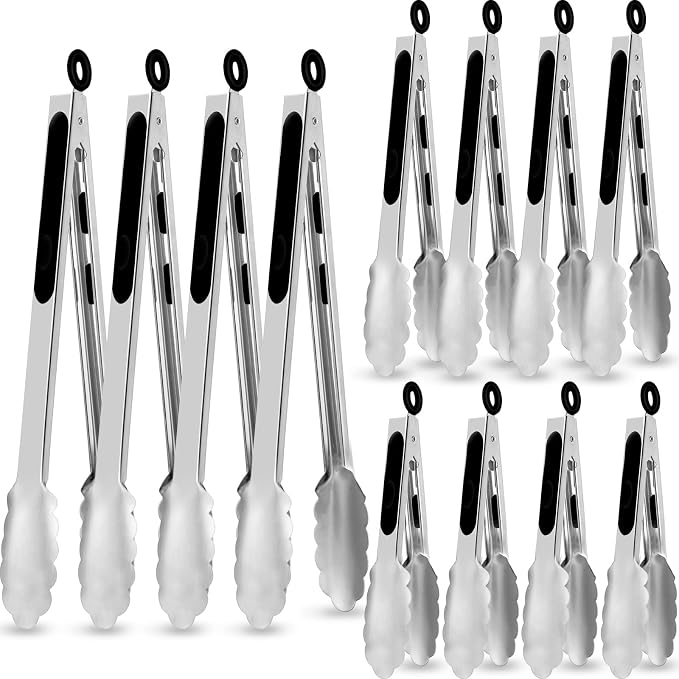 Chengu 12 Pack Stainless Steel Kitchen Tongs 7/9/12 Inches Food Serving Tongs Non Stick Cooking Clips for Kitchen Cooking Barbecue Buffet Wedding Family Gathering Grill Salad