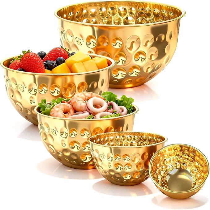 5-Piece Gold Stainless Steel Mixing Bowls Set | 4.9/4.2/3.2/2.1/1.6QT, Hammered Design, Food-grade, for Kitchen Meal Prep, Baking, Movie Night, Party and Home Decor