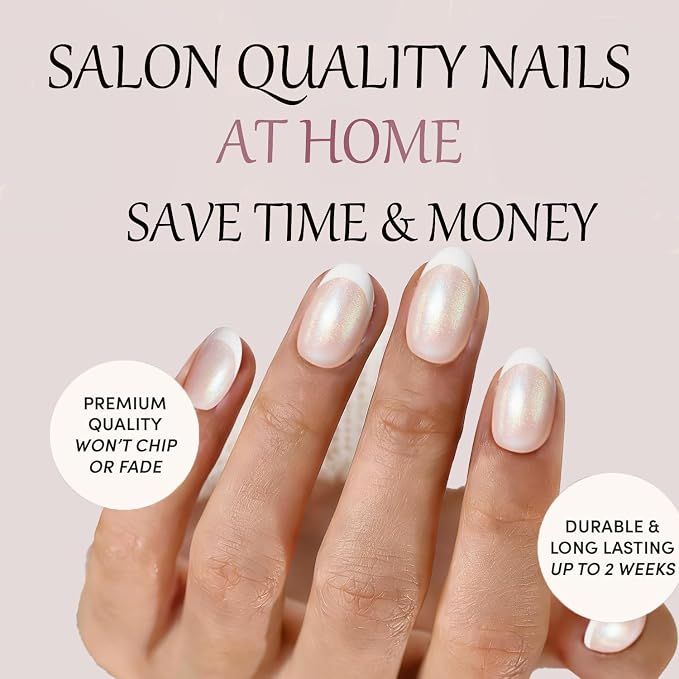 French Press On Nails,Chrome Pearl White Short Reusable Stick On Nails | Apply Protective UV coating, Salon Quality Nails in 12 Sizes - 24 Nail Kit with Glue