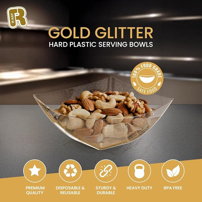 R-kay 6 Pack Gold Glitter Plastic Serving Bowls -16 Oz Gold Plastic bowls 16 Oz - Disposable Serving Bowls Heavy Duty For Weddings Catering And Birthday parties