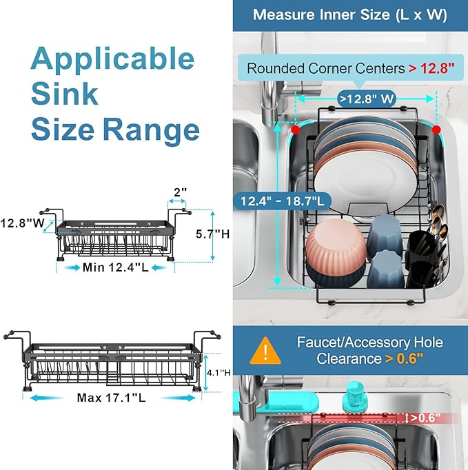 Expandable Dish Drying Rack with Silicone Mat for Kitchen Sink or Counter, Heavy Duty Adjustable Over Sink Dish Drainer with Square Corners, Fit for Modern Single & Double Sinks, Black
