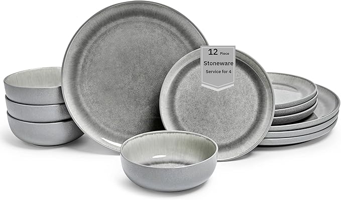 Sango Asher 12-Piece Stoneware Dinnerware Set for 4, Grey Ceramic Plates and Bowls Sets, Modern Dish Set with Reactive Glaze, Durable Kitchen Dishes for Casual Dining, Microwave & Dishwasher Safe