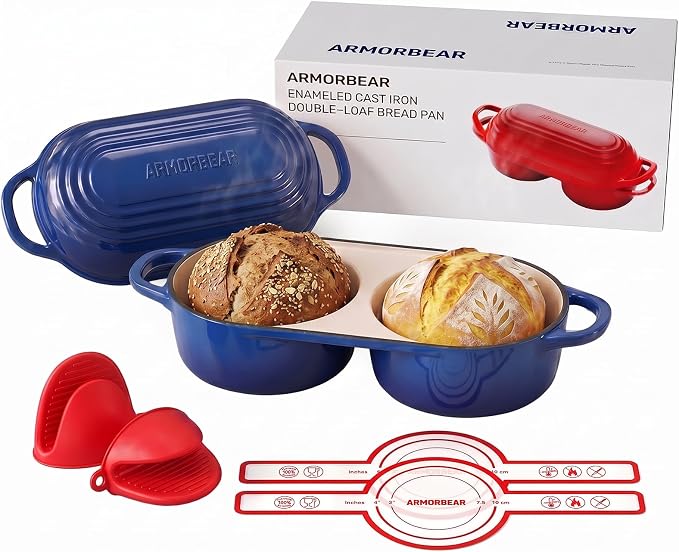 Mini Double Dutch Oven for Sourdough, Enameled Cast Iron Bread Pan, Blue | Double Loaf Bread Pan with Lid, Mini Sourdough Dutch Oven for Bread Baking