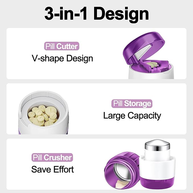 DUBSTAR 3-in-1 Pill Crusher Fine Powder Pill Grinder Pill Cutter Purple | Pill Crushers for Elderly and Pet with Pill Storage and Brush, Pill Splitter for Small or Large Pills