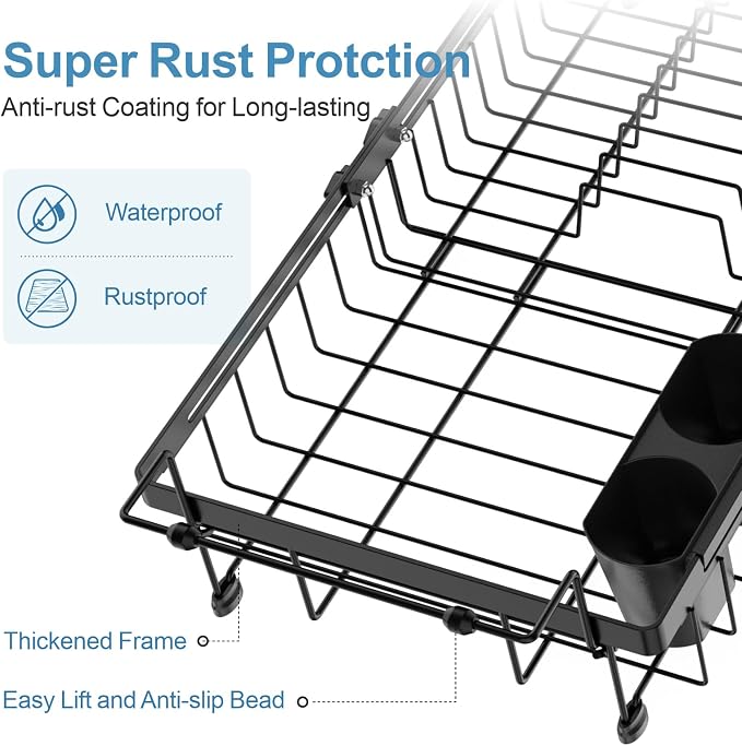 Expandable Dish Drying Rack for Large Kitchen Sink, eavy Duty Adjustable Over Sink Dish Drainer with Square Corners, Rust Resistant with Lock Knob, Fit for Modern Single & Double Sinks, Black