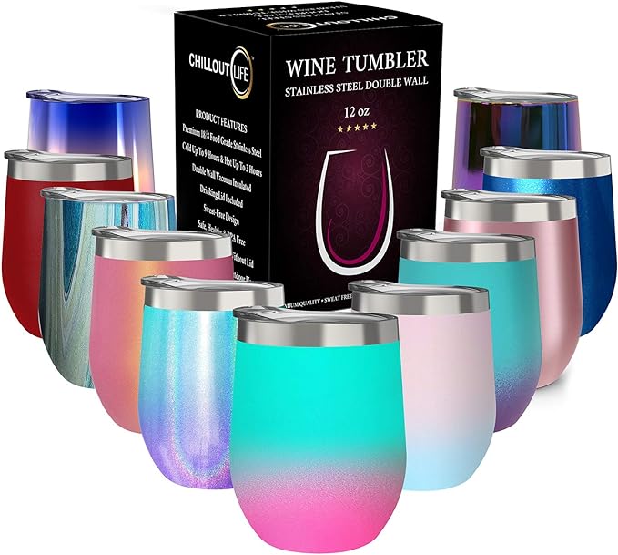CHILLOUT LIFE 12 oz Stainless Steel Wine Tumbler with Lid - Double Wall Vacuum Insulated Wine Cup Glass Keeping Cold & Hot for Coffee, Champagne, Cocktails, Ice Cream - Powder Coated Aqua Blue/Pink