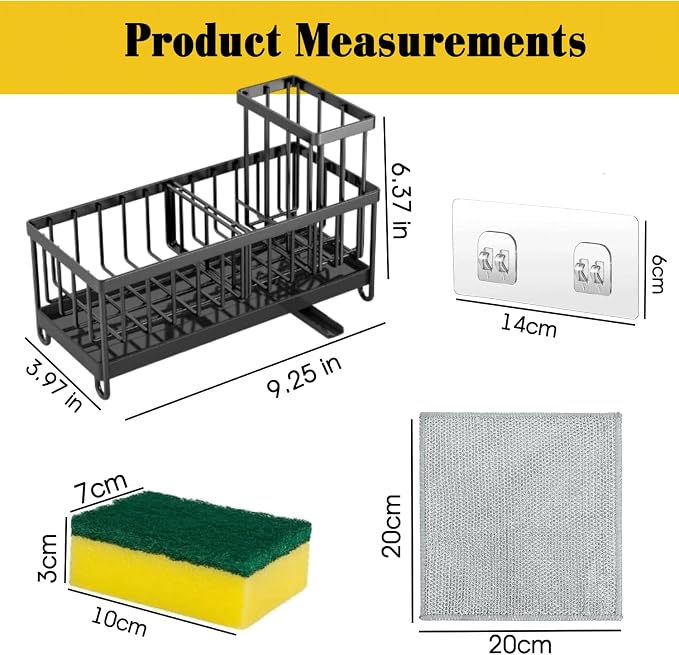 Sponge Holder for Kitchen Sink,5 in 1 Rustproof Stainless Steel Sink Caddy with Washing Cloth & Adhesive Hooks, Kitchen Sink Organizer with High Brush Holder and Soap Holder for Kitchen Sink | Adjustable, Automatic Drainage