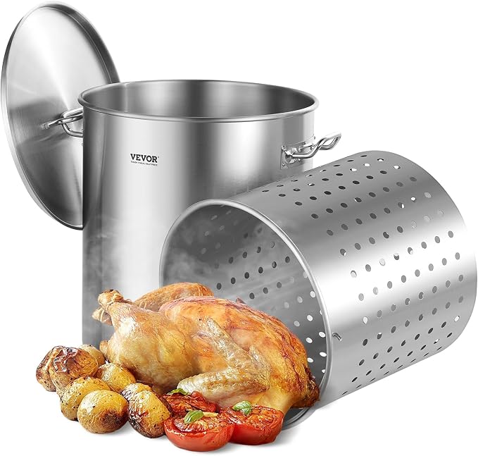 VEVOR Stainless Steel Stockpot, 64 Quart Large Cooking Pots, Cookware Sauce Pot with Basket, Lid, and Handle, Heavy Duty Commercial Grade Stock Pot, Sanding Treatment, for Large Groups Events Silver