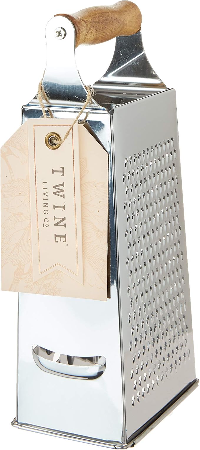Twine Acacia Wood Handled Cheese Grater, Stainless Steel Grater, Citrus Zester, Reinforced Base, Vintage Kitchenware
