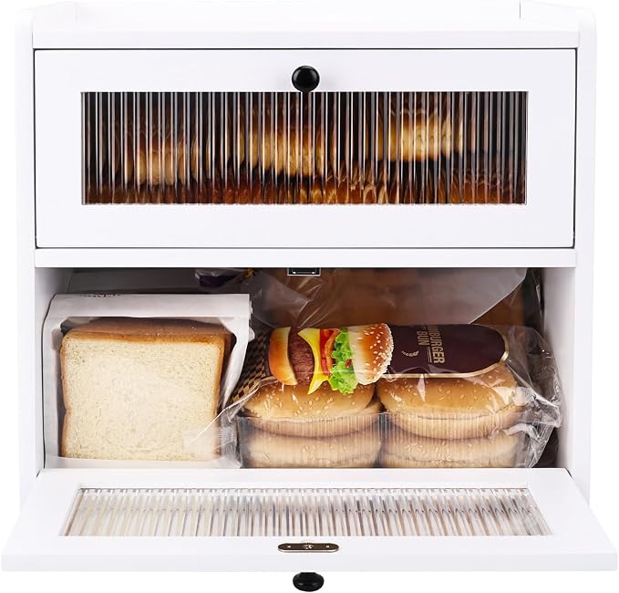 Alpeir Wooden Bread Box for Kitchen Countertop, Large Double Layer, White | Food-Safe Pine Wood, Double-Row Ventilation, Strong Acrylic Window, Raised Top Shelf, Easy Care, Farmhouse Corner Container