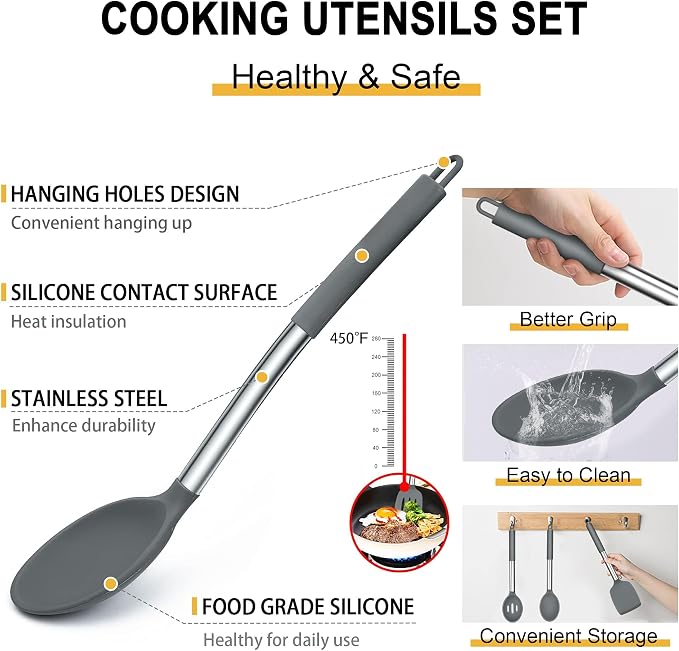 E-far Silicone Cooking Utensils Set, 30-Piece Gray Kitchen Utensils Set | Heat Resistant Nonstick Cookware, Kitchen Tools Spatulas with Stainless Steel Handle, Spatulas Turner Tong Spoon Whisk Ladle