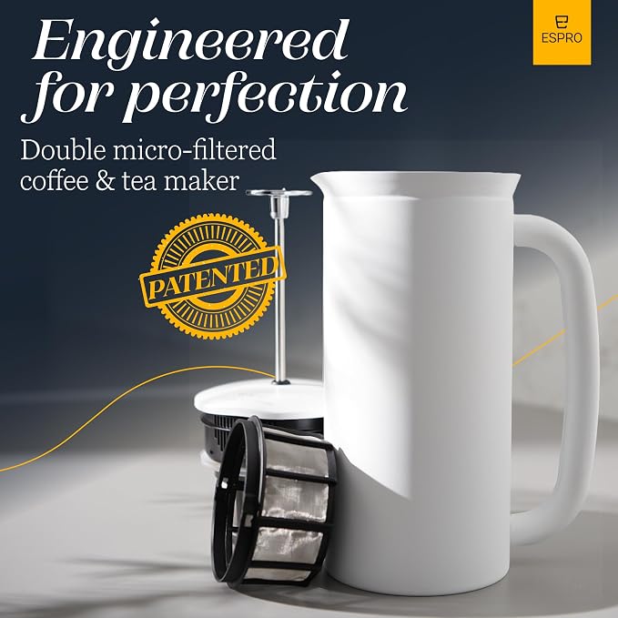 ESPRO P7 French Press, 18oz, Matte White, Stainless Steel Coffee Maker | Double Filter Coffee Press, Grit-Free Coffee, Heat Resistant Insulated tea Press, Easy Hot and Cold Coffee Brewer, Tea Brewer