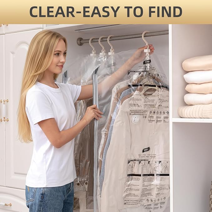 TAILI Hanging Vacuum Storage Bags for Clothes Space Saver 4 Combo Clear | Vacuum Seal Bags for Clothing Travel, Winter Clothes Storage Closet Organizers, Garment, Coats, Suits and Jackets