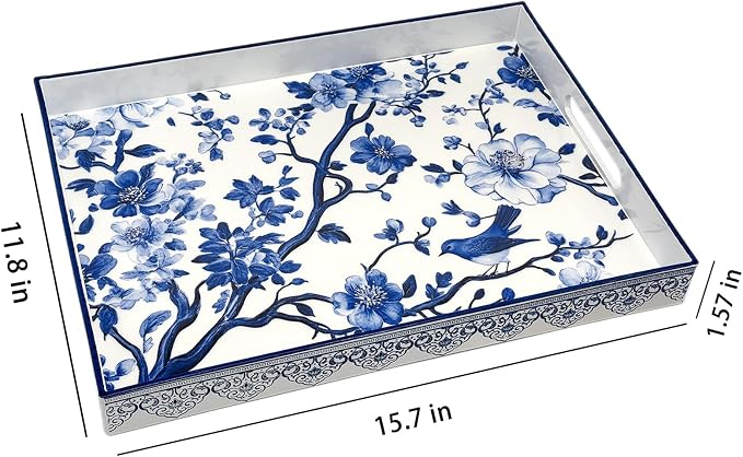 Serving Tray with Handles, 15.7 * 11.8 inches, Plastic Ottoman Tray with Exquisite Paintings, Trays for Coffee Table