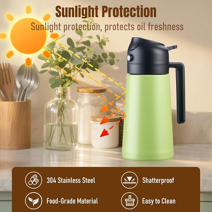 PARACITY Oil Bottle, 2-in-1 Stainless Steel Sprayer and Dispenser, 16 fl oz | Fine-mist spray and smooth pour modes with ceramic-coated interior, wide mouth, drip-control nozzle, and reusable labels.