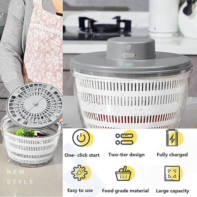 Electric Salad Spinner,Large Capacity Lettuce Spinner,4L Wireless USB | Fruit Washer Spinner,Vegetable Cleaner,Dehydrator for Fruit Vegetables,Quick Drainage Electric Mixer White
