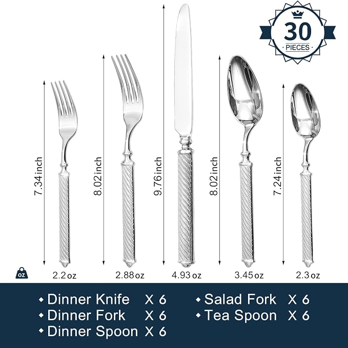 Silverware Set for 6, 30 Piece Flatware Set, 18/10 Stainless Steel | Retro Rope Handles, Hot Forged, Mirror Polished, Dishwasher Safe, Rust Resistant, for Home, Weddings & Housewarming