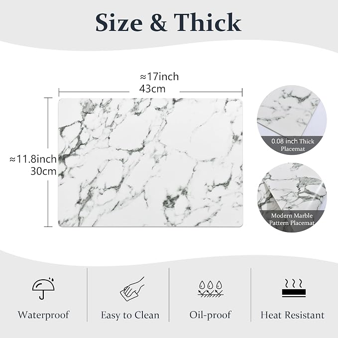 FROMHEART Faux Leather PU Placemats Set of 6 (Marble,11.8" x 17") | Waterproof,Heat/Oil Stain-Resistant Table Mat–Reversible,Non-Slip,Easy to Clean Place Mats for Kitchen,Dining,Indoor/Outdoor