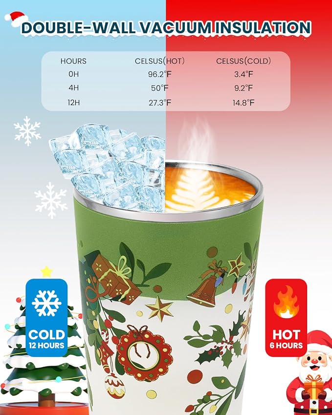 GiNT 17oz Christmas Tea Cup with Infuser and Lid - 4D Gold Foil Pattern (Bells & Holly), 316 Stainless Steel Double Wall Vacuum Insulated Travel Tea Mug, Leak-Free, for Commuting/Camping Gifts
